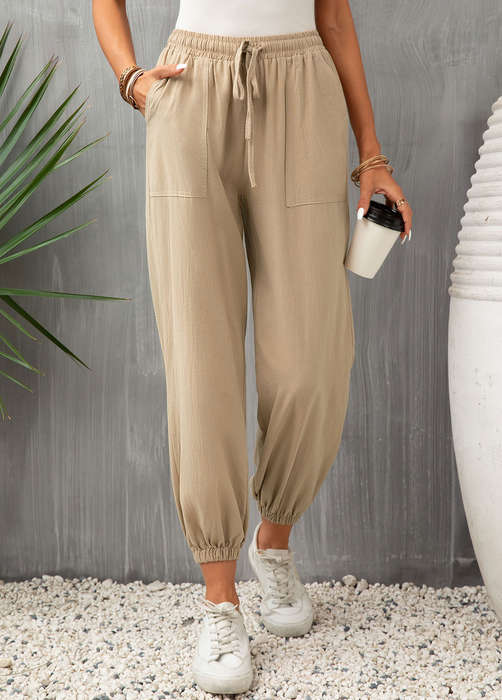 Pocket Light Camel Drawastring High Waisted Jogger Pants