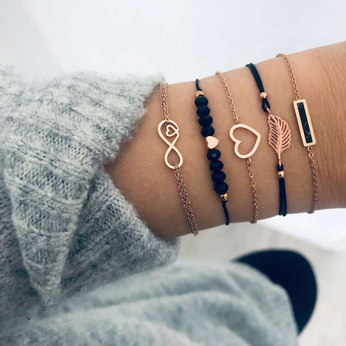 Heart Layered Design Black Bracelet Set