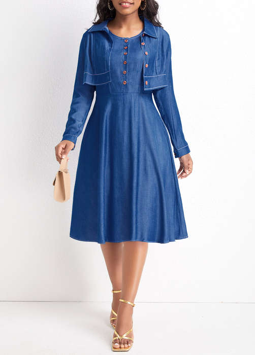 Denim Blue Turn Down Collar Two-Piece Dress and Cardigan