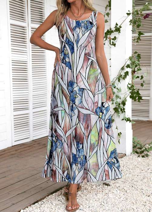 Leaf Print Multi Color Maxi Dress