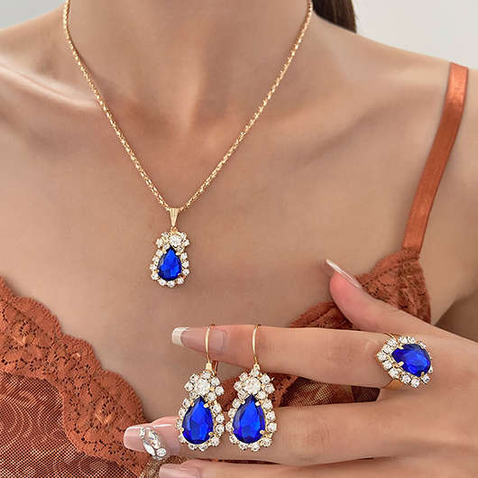Waterdrop Design Royal Blue Rhinestone Detail Necklace Set
