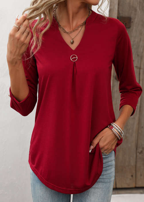 Circular Ring Wine Red Split Neck T Shirt