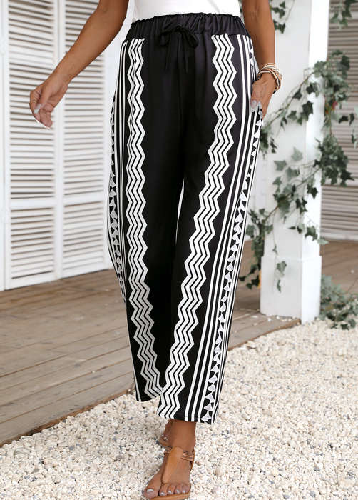 Pocket Geometric Print Black Regular Elastic Waist Pants