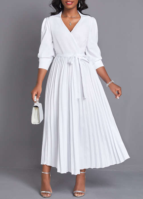 Pleated White Belted V Neck Maxi Dress