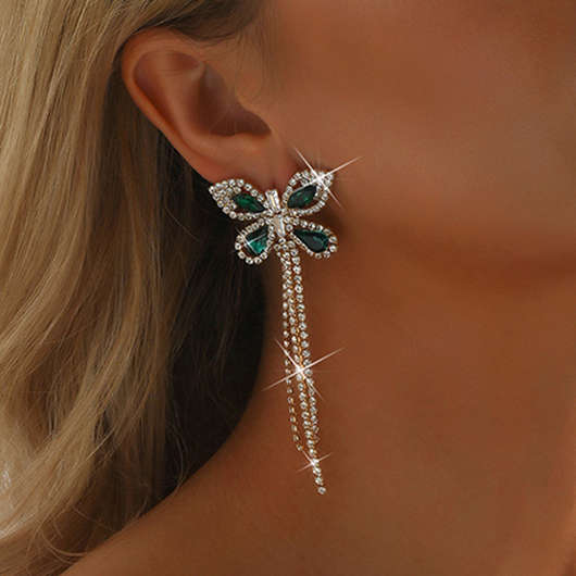 Rhinestone Butterfly Design Green Metal Earrings