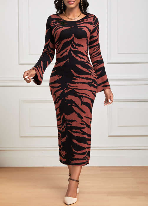 Zebra Stripe Print Dark Coffee Round Neck Dress