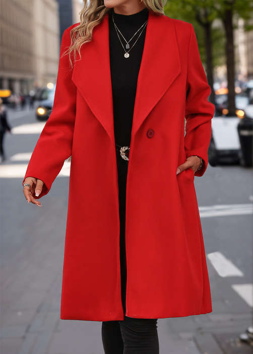 Button Red Lapel Long Sleeve Coat