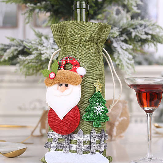 Olive Green Drawstring Christmas Print Wine Cover