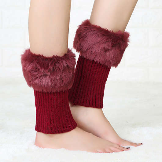 Faux Fur Wine Red Mid Calf Socks