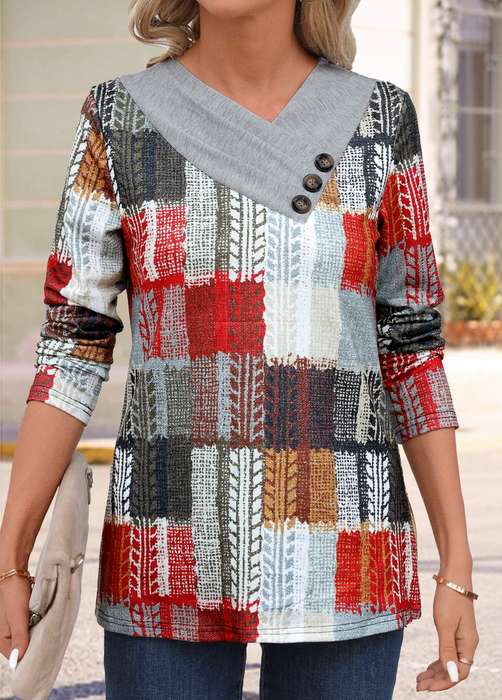 Black Friday Patchwork Geometric Print Asymmetrical Neck T Shirt