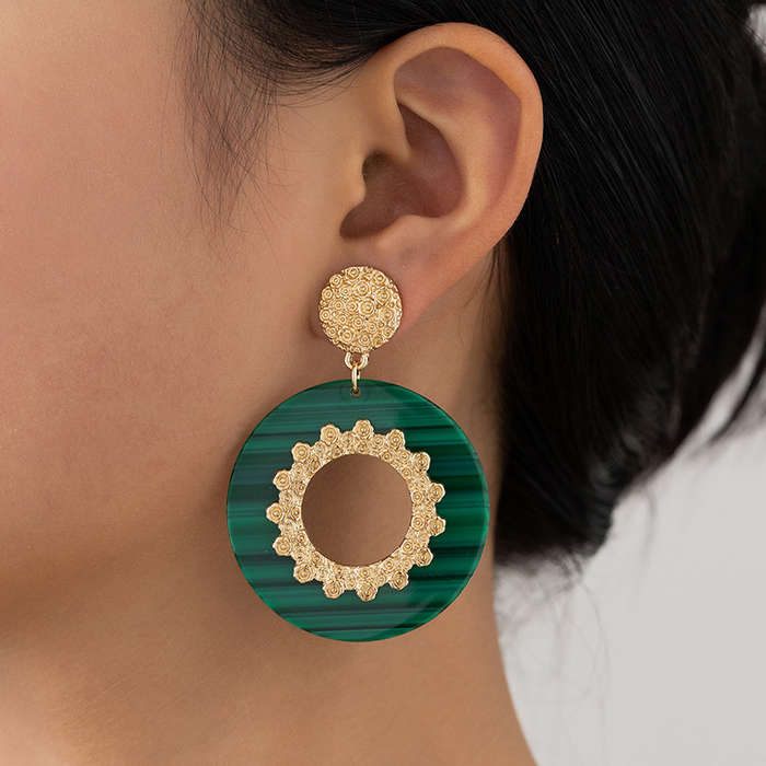 Round Cutout Ditsy Floral Blackish Green Earrings