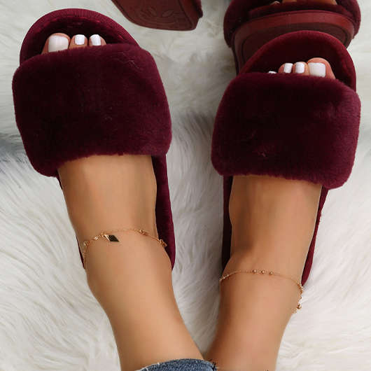 Wine Red Falt Round Toe Slippers