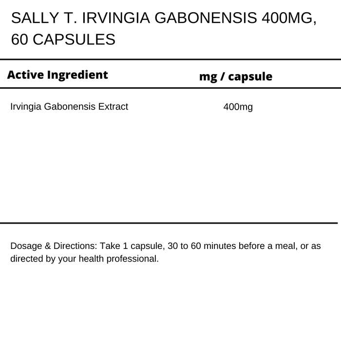 Sally T. Irvingia Gabonensis 400mg/capsule 60 Capsules. Helps Control Apetite
