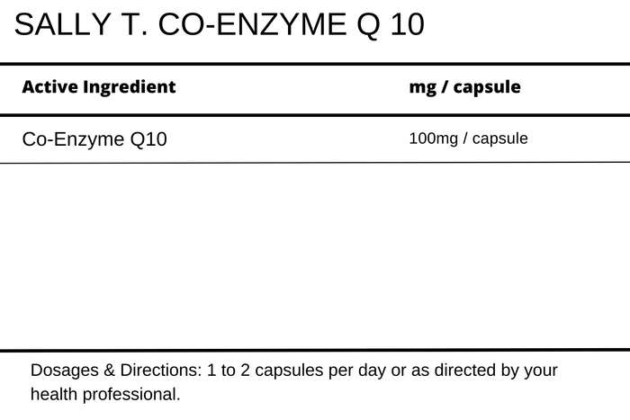 Sally T. Co-Enzyme Q 10 100mg/capsule. 60 Capsules. Blood pressure and heart health.