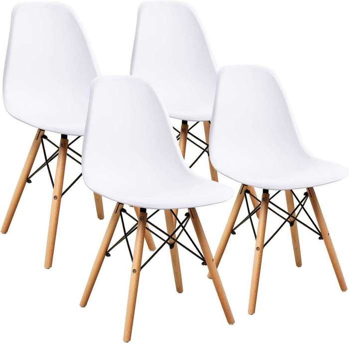 SMTE Modern Style Dining Chair Shell Plastic Chair with wooden legs - Set of 4 - White with keychain