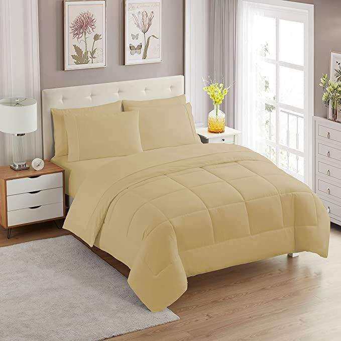 SMTE 5-piece Plain Comforter Set Beige Queen with keychain