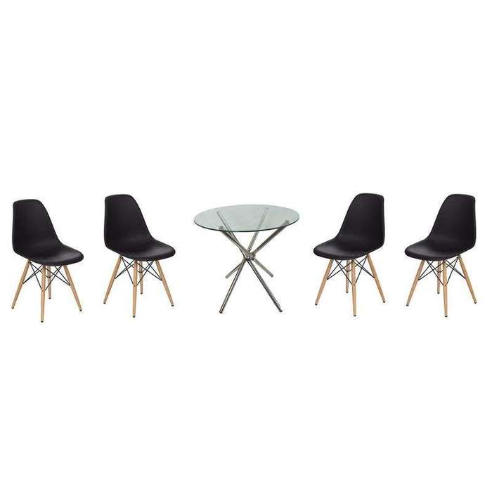 SMTE 5 Piece Glass Table and White Wooden Leg Chairs with keychain