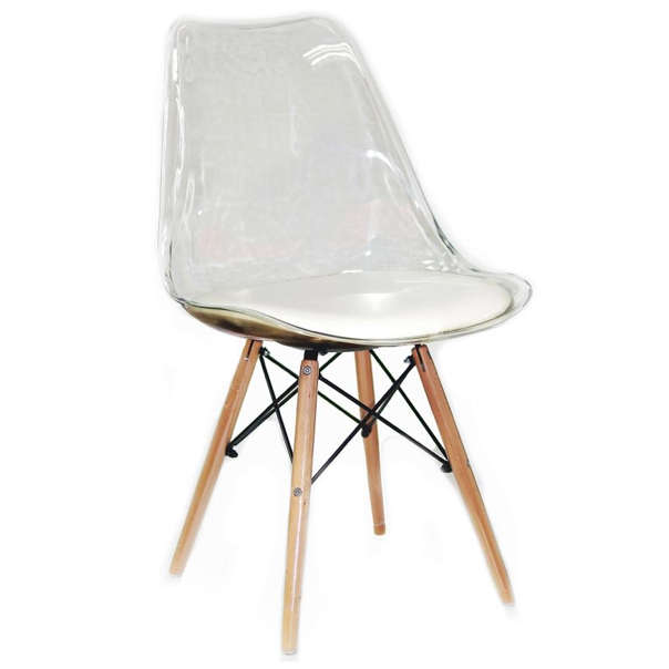 SMTE Transparent Padded Wooden Leg Chair - White with keychain