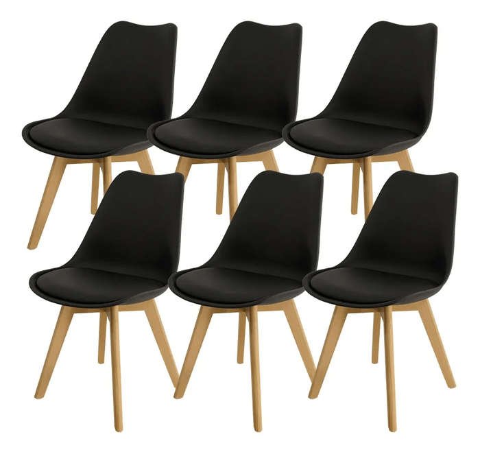 SMTE Padded Seat Wooden Leg Dining Chairs - Pack of Six - Black Colour with keychain