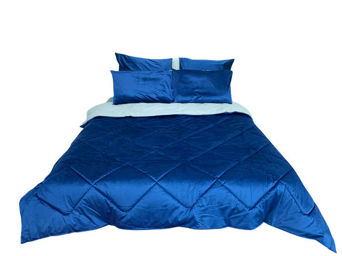 SMTE Shiny Velvet Material Reversible 5 Piece Comforter Set - Royal blue with keychain