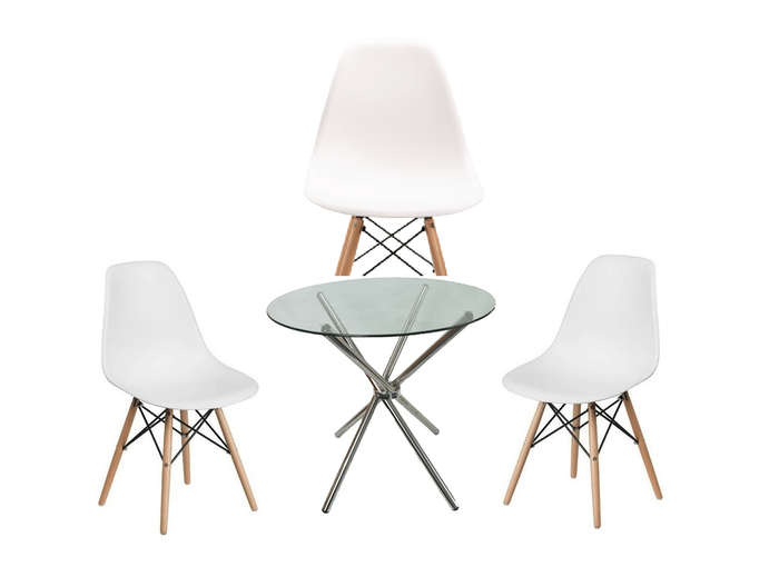 SMTE 80cm Glass Table and Wooden Leg Chairs White (4 Piece set) with keychain
