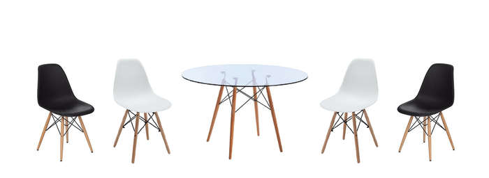 SMTE 5 Piece Glass Table and Wooden Leg Chairs with keychain