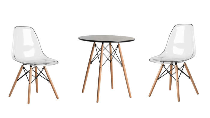 SMTE 3 Piece Wooden Table and Clear Wooden Leg Chairs - Black with keychain