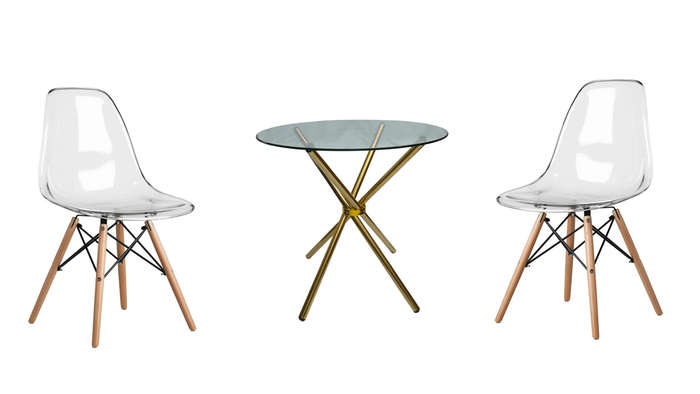 SMTE 3 Piece Glass Table Gold Legs and Clear Wooden Leg Chairs with keychain