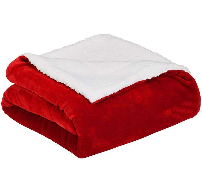 SMTE Sherpa Flannel Soft Blanket, Available on both sides. Multiple colour. - Red. 2 - Three Quar...