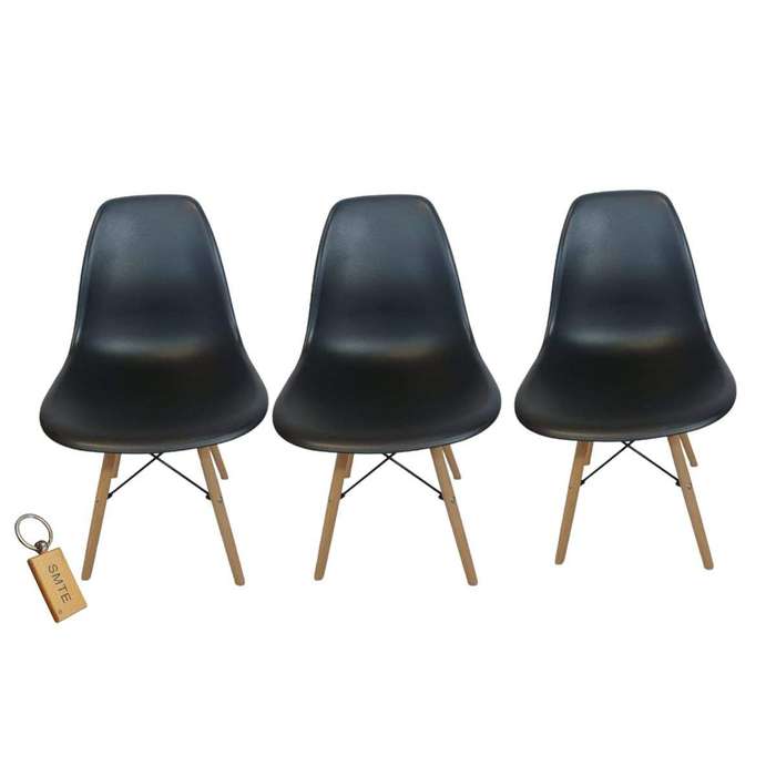 Smte-Plastic Chair With Wooden Leg Set of 3 with SMTE Keychain - Black