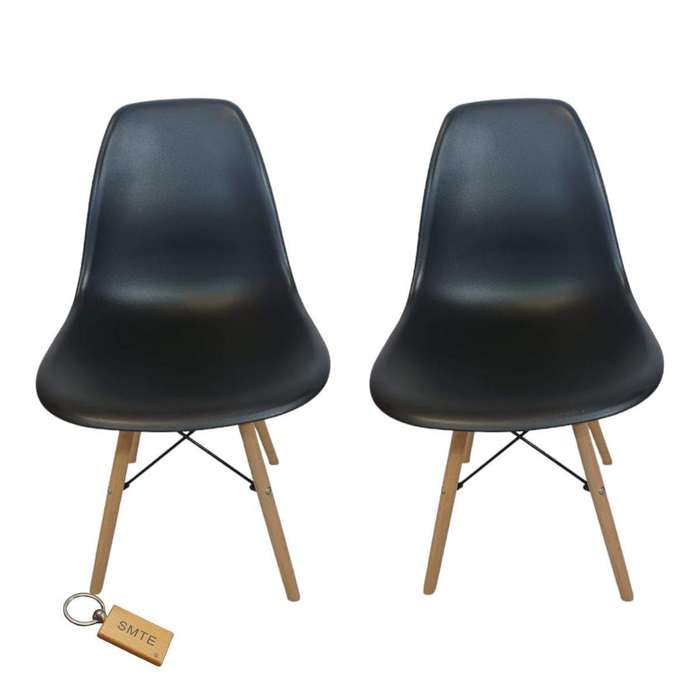 Smte-Plastic Chair With Wooden Leg Set of 2+ SMTE Keychain - Black