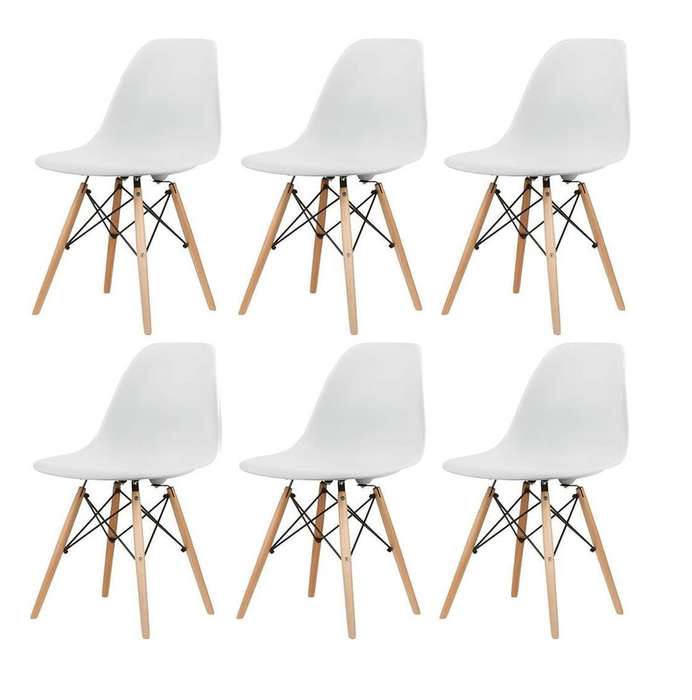 SMTE Wooden Leg Dining Chairs - Six Pack - White Colour with keychain