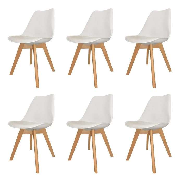 SMTE Padded Seat Wooden Leg Dining Chairs - Pack of Six - White Colour with keychain