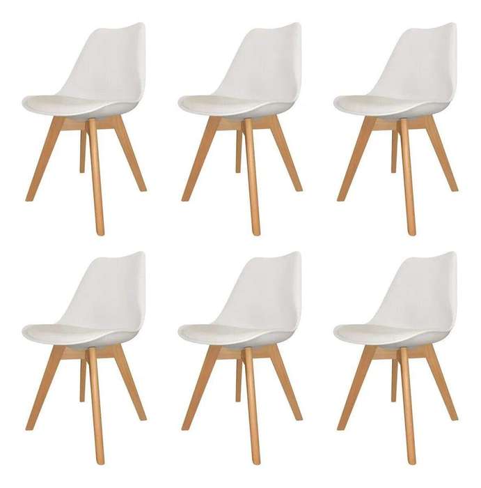 SMTE Padded Seat Wooden Leg Dining Chairs - Pack of Six - White Colour with keychain