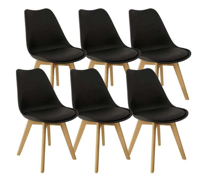 SMTE Padded Seat Wooden Leg Dining Chairs - Pack of Six - Black Colour with keychain