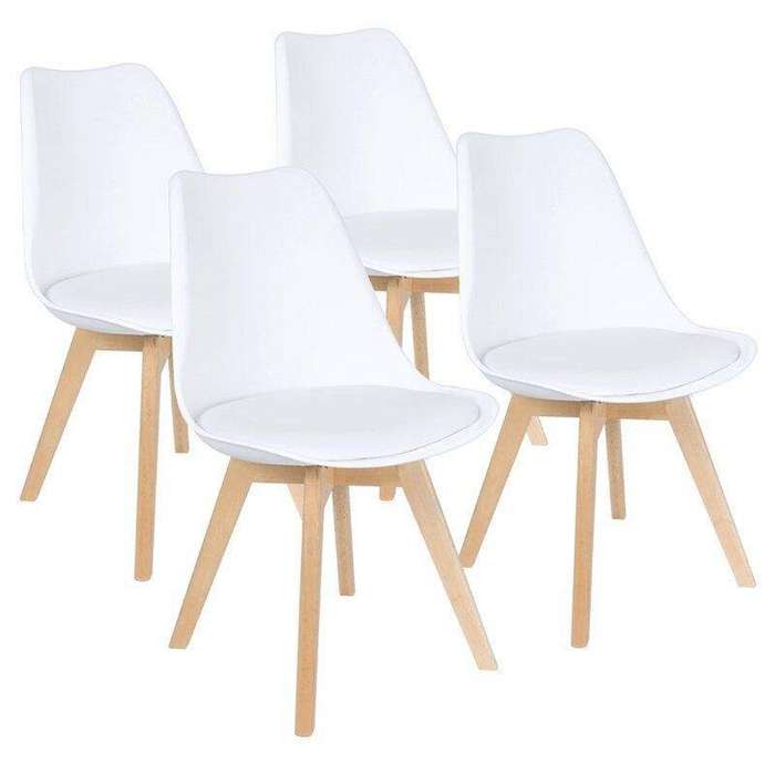 SMTE Padded Seat Wooden Leg Dining Chairs - Pack of Four - White Colour with keychain