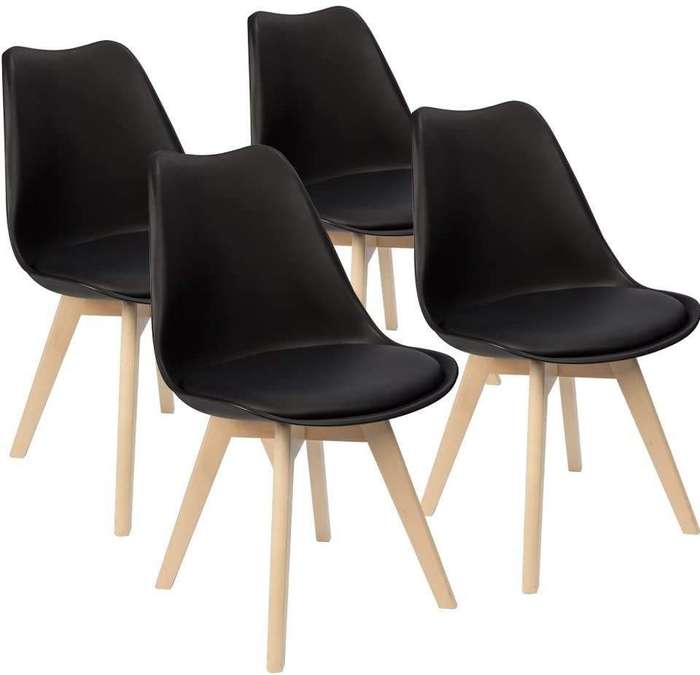 SMTE Padded Seat Wooden Leg Dining Chairs - Pack of Four - Black Colour with keychain