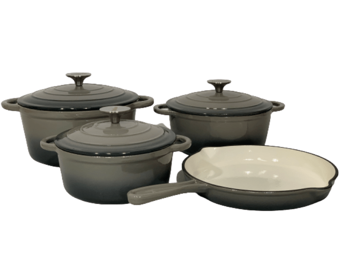 SMTE Pot set 7 Piece Cast Iron Grooved Lid Grey with keychain