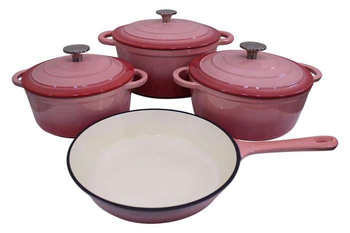 SMTE 7 Piece Glazed Cast Iron Dutch Oven Cookware Pot & Pan Set with keychain