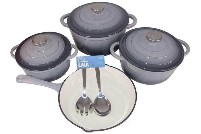 SMTE Authentic 7 Piece Cast Iron Cookware Set Grey with keychain