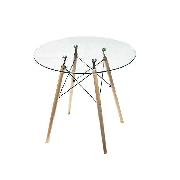 SMTE In/outdoor Round Glass dinning table coffee desk natural beech wood legs with keychain