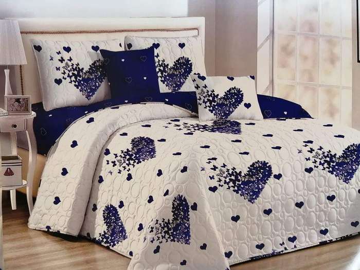 SMTE 5pcs Blue Heart Quilt Bedspread Set with keychain