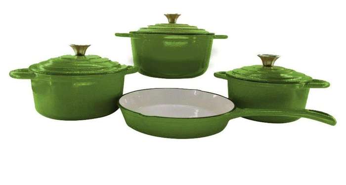 SMTE Authentic 7 Piece Cast Iron Dutch Oven Cookware Pot Set - Green with keychain