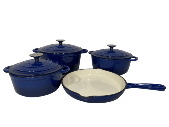 SMTE Pot set 7 Piece Cast Iron Grooved Lid Blue with keychain