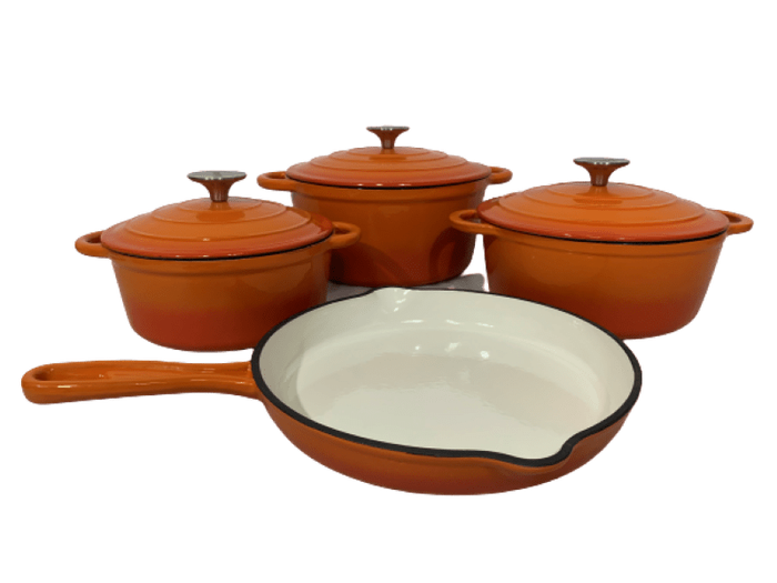 SMTE Pot set 7 Piece Cast Iron Grooved Lid Orange with keychain