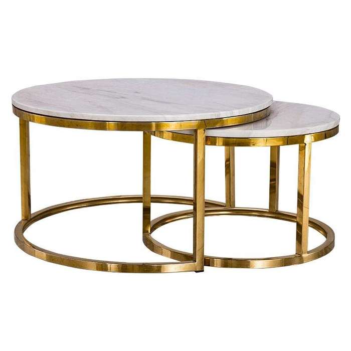 SMTE Nesting Coffee Tables- 2 Pack ? Rounded Marble Top ? White / Gold Colours with keychain