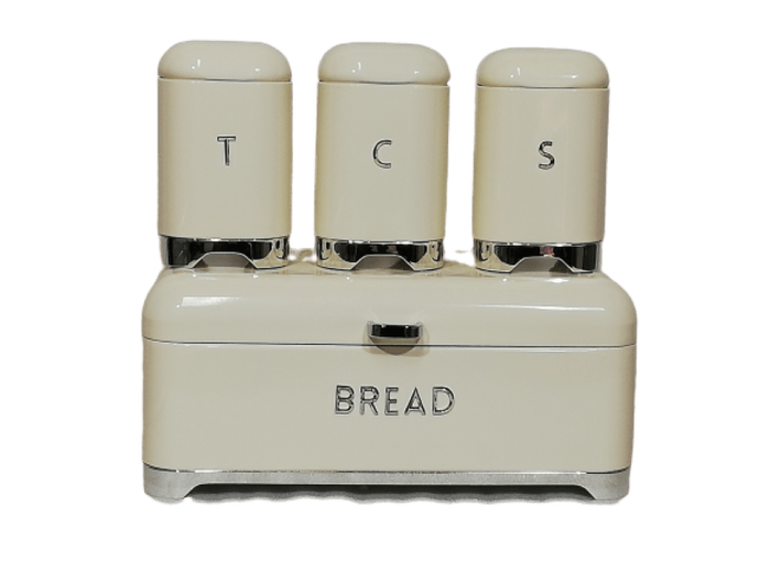 SMTE Bread bin & Cannister Set 4pc Retro Beige & Silver with keychain