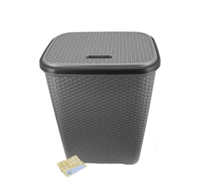 SMTE Two Tone Reed Weave Laundry Basket with Hinge Lid & SMTE Pegs - Grey with keychain