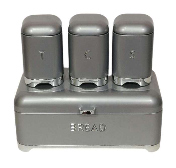 SMTE GB Royal Tea Coffee Sugar and Bread Bin Set - Grey with keychain
