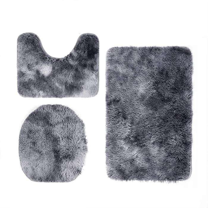 SMTE 3 Piece Toilet Seat & Bathroom Mats Set - Grey, Black with keychain